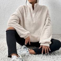 Flonel Sweatere Shein EZwear Half Zip Kangaroo Pocket Drop Shoulder Teddy Sweatshirt