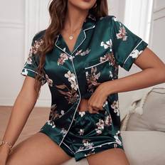 Multicoloured - Women Sleepwear Shein Floral Print Contrast Piping Satin PJ Set - Pajama Set
