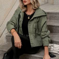 Gröna - Jeansjackor Shein Flap Pocket Drop Shoulder Drawstring Hooded Denim Jacket