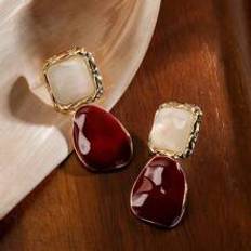 Red - Women Earrings Shein Fashionable Zinc Alloy Square Drop Earrings - Women