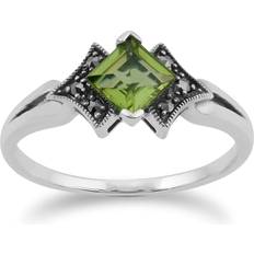 Peridot Jewellery Gemondo Art Deco Style Square Peridot & Marcasite Ring in 925 Sterling Silver