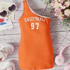 12-18M - Orange Klänningar Shein Baby Letter Graphic Contrast Binding One Shoulder Dress