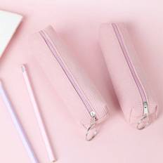1pc Solid Color Textured Stationery Bag, Simple Portable Pen Bag For Student Stationery Organizer