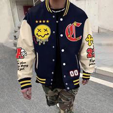 Shein Multifärgade Jackor Shein Men Cartoon & Letter Graphic Striped Trim Colorblock Varsity Jacket