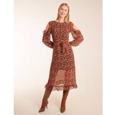 Brown - Midi Dresses Blue Vanilla Cold Shoulder Frill Midi Dress Colour: Brown