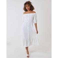 White Dresses Blue Vanilla Bardot Button Through Midi Dress IVORY