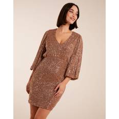 Bronze - Short Dresses Blue Vanilla V Neck Puff Ball Sleeve Mini Dress Bronze