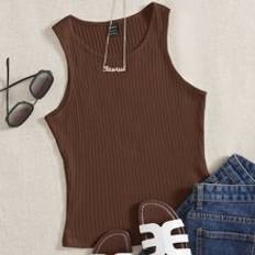 Brown - Elastane/Lycra/Spandex Tank Tops Shein EZwear Solid Rib Knit Tank Top