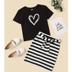 Black Other Sets Shein Girls Heart Print Tee and Self Belted Striped Skirt Set