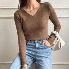 Acrylic Sweaters Shein Solid V-neck Ribbed Knit Jumper