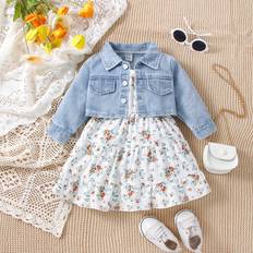 Shein Baby Flap Pocket Denim Jacket & Floral Print Ruffle Hem Cami Dress