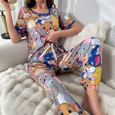 Multicoloured Pyjamas Shein Cartoon Graphic Tee Pants PJ Set