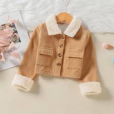 Green Jackets Shein Toddler Girls Flap Pockets Single Breasted Borg Collar Lined Corduroy Jacket