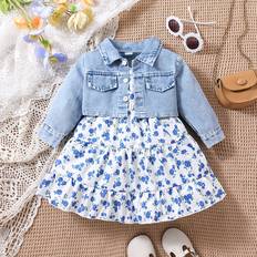 Shein Baby Flap Pocket Denim Jacket & Floral Print Ruffle Hem Cami Dress