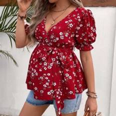 Shein Maternity Ditsy Floral Print Puff Sleeve Belted Blouse
