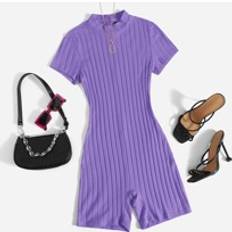 Purple Jumpsuits & Overalls Shein Mock Neck Ribknit Unitard Romper