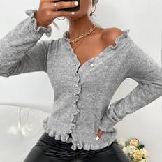 Gråa Koftor Shein Frill Trim Ribbed Knit Cardigan