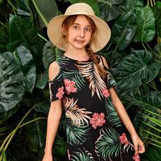 Children's Clothing Shein Tween Girl Tropical Print Cold Shoulder Dress