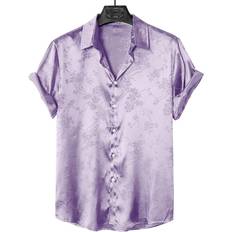 Men - Purple Shirts Shein Manfinity Men Floral Jacquard Satin Shirt