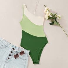 Shein Women Shapewear & Under Garments Shein Colour Block Ribknit One Shoulder Bodysuit