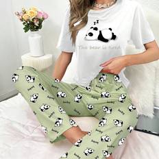 Multicoloured Pyjamas Shein Panda & Slogan Graphic PJ Set - Pajama Set