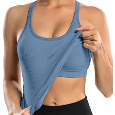 Padded - Women Tops Shein Solid Ribbed Knit Sports Tank Top - Dusty Blue