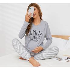 Shein Maternity Letter & Striped Print Adjustable Waist PJ Set