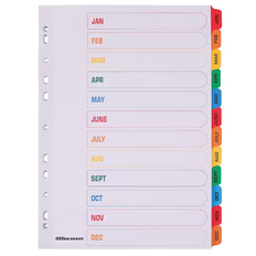 Office Depot Mylar punched Dividers A4 Jan-Dec Colour Tabs