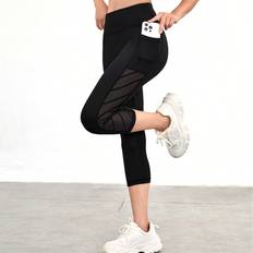 Shein Dam Tights Shein Marled Mid-Calf Length Yoga Leggings Mesh Insert Wide Waistband Sports Leggings With Phone Pocket