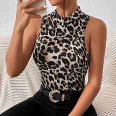 Dam - Leopard Linnen Shein Leopard Mock Neck Tank Top