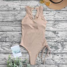 Shein Swimsuits Shein Summer Beach Textured Lace Up Back OnePiece Swimsuit Bathing Suit