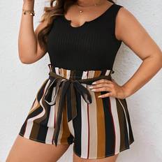 Multifärgade - Tyg Jumpsuits & Overaller Shein Plus Striped Print Notched Neckline Belted Romper
