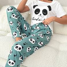 Multicoloured Pyjamas Shein Panda & Slogan Graphic Tee & Pants PJ Set - Pajama Set