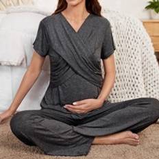 Grey Maternity & Nursing Wear Shein Maternity Criss Cross Nursing Top Trousers Set