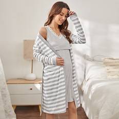 Shein Maternity Contrast Lace Sleep Dress & Striped Print Belted Robe Lounge Set