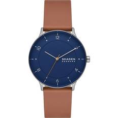 Skagen Riis Three Hand Movement Leather Watch, Brown/Blue