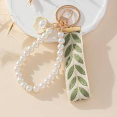 Gröna Nyckelringar Shein Faux Pearl Beaded Leaf Pattern Keychain