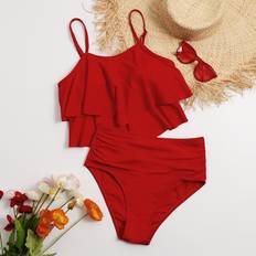 Shein Tankinis Shein Summer Beach Solid Tankini Set Hanky Hem Flowy Cami Top Ruched High Waisted Bottom Piece Bathing Suit