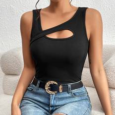 Cut-Out Linnen Shein Cut Out Asymmetrical Neck Rib Knit Tank Top