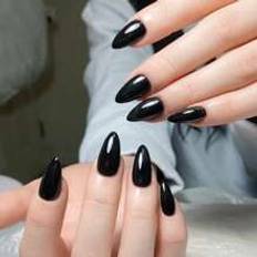 Shein Elevate Your Style With 24pcs Long Almond Shaped Fake Nail Set - Black 24-pack