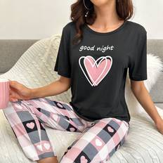 Multicoloured Pyjamas Shein Heart Letter Graphic Tee Plaid Print Trousers PJ Set