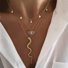 Smycken Shein Rhinestone Eye & Snake Charm Layered Necklace