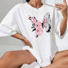 Shein T-Shirts Shein Floral And Butterfly Print Drop Shoulder Oversized Tee