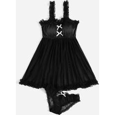 Shein Women Nightgowns Shein ROMWE Contrast Mesh Bow Decor Night Dress Panty School