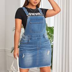 Dam - Revor/Hål Klänningar Shein Plus Ripped Raw Hem Pinafore Denim Dress Without Tee