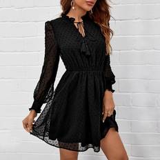 Shein Swiss Dot Tie Neck Frill Trim Dress