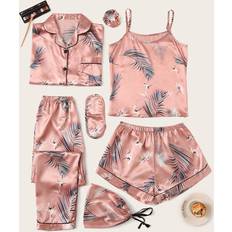 Orange - Women Sleepwear Shein Crane & Tropical Print Satin Pajama Set