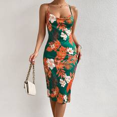 Clothing Shein Tropical Print Criss Cross Backless Draped Collar Cami Dress