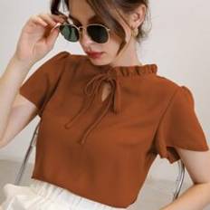 Brown - Women Blouses Shein Tie Neck Puff Sleeve Blouse