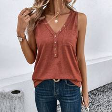 V-Neck Tank Tops Shein Half Button Patched Pocket Tank Top